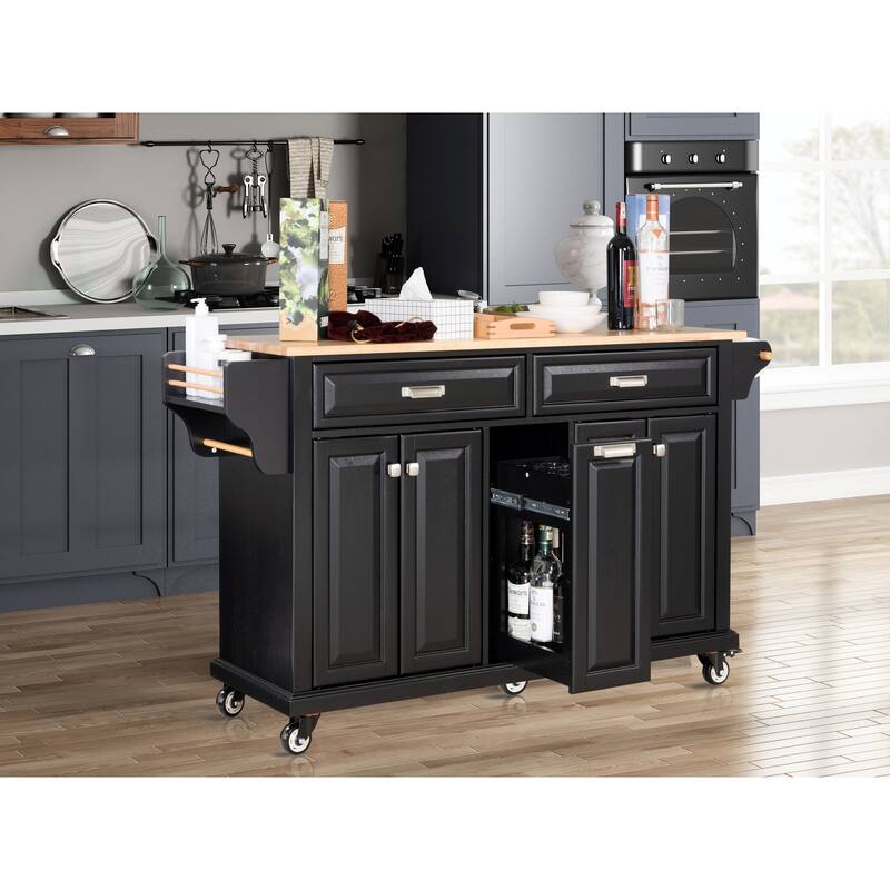 Rolling Kitchen Cart with Rubber Wood Top, 2 Large Drawers & Adjustable Shelves - Mobile Island on 5 Casters, Black
