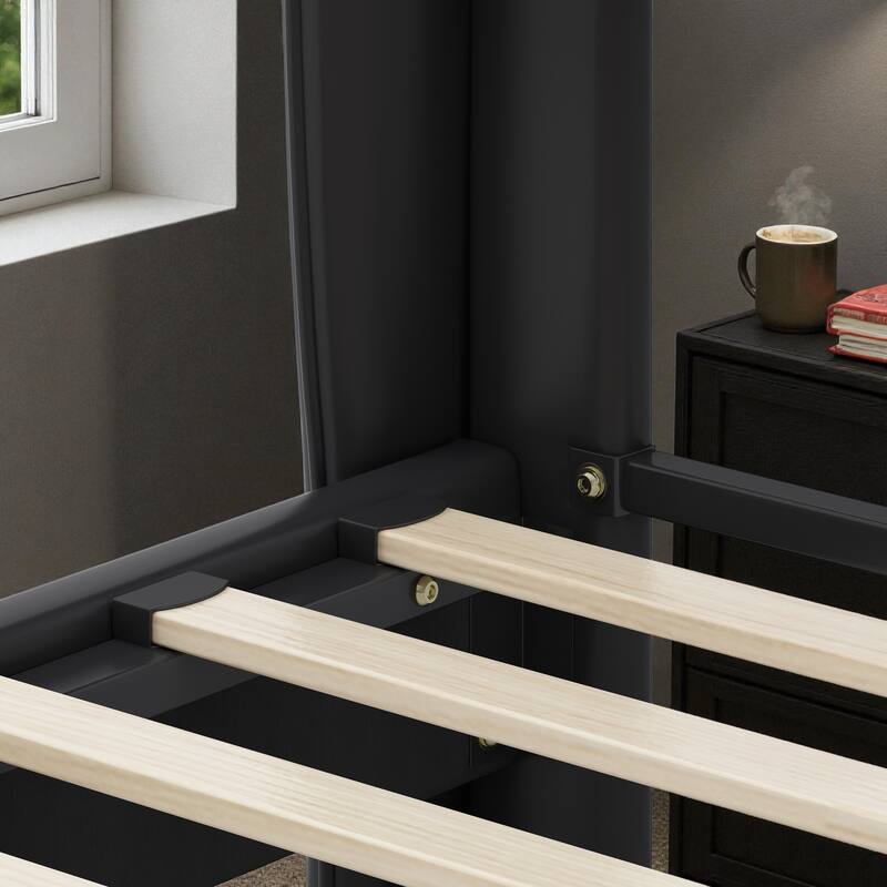 Queen/King PU Leather Upholstered Platform Bed with Wingback Headboard & Footboard, Gold Metal Accents and Wooden Slats