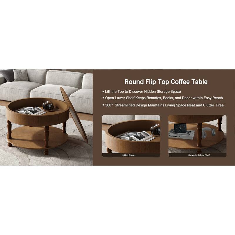 31.5" Modern Round Coffee Table with Adjustable Leveling Feet and Dual Storage