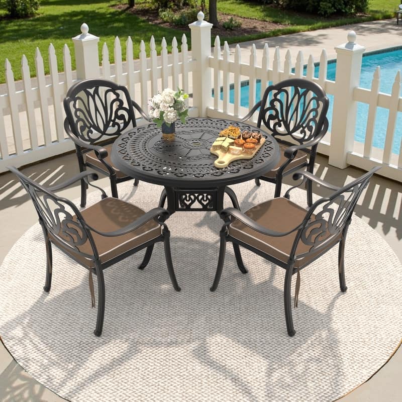 3/5-Piece Cast Aluminum Outdoor Dining Set with 39.37 in. Round Table and Seat Cushions - Black( 5-Piece Sets-A)