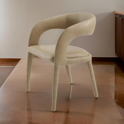 Cid Taya 24 Inch Dining Chair, Carved Back, Tapered Legs, Tan Faux Leather