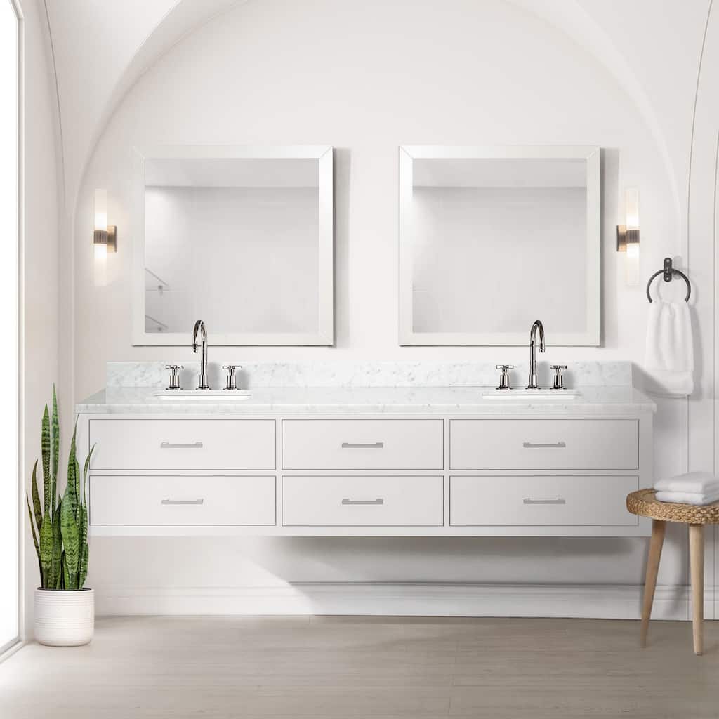 Lexora Castor Double Bath Vanity, Carrara Marble Top, Faucet Set, and Mirrors