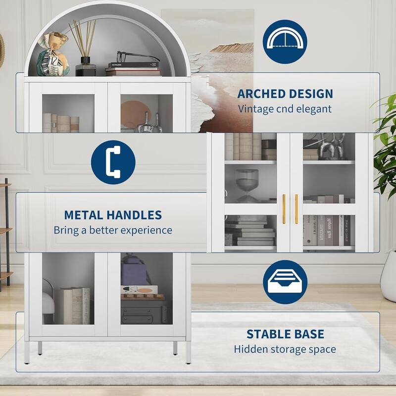 73'' Tall Metal Arched Cabinet, Modern Arch Kitchen Pantry Storage Cabinet with Glass Doors