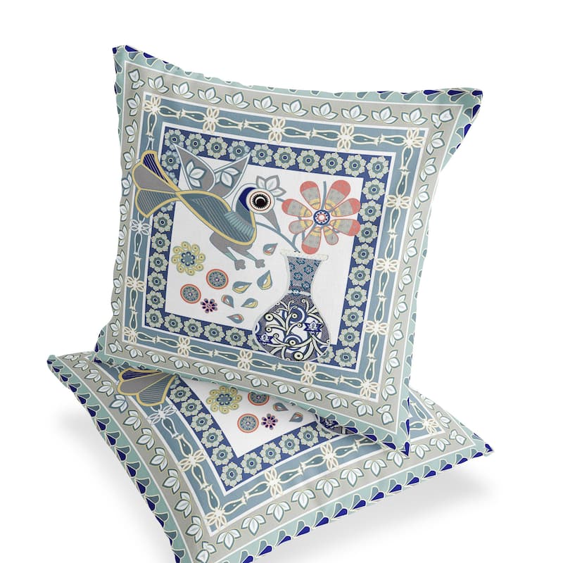 HomeRoots Set of Two 16" X 16" Beige and Green Peacock Blown Seam Floral Indoor Outdoor Throw Pillow - 16.00' X '16.00' X '5.00