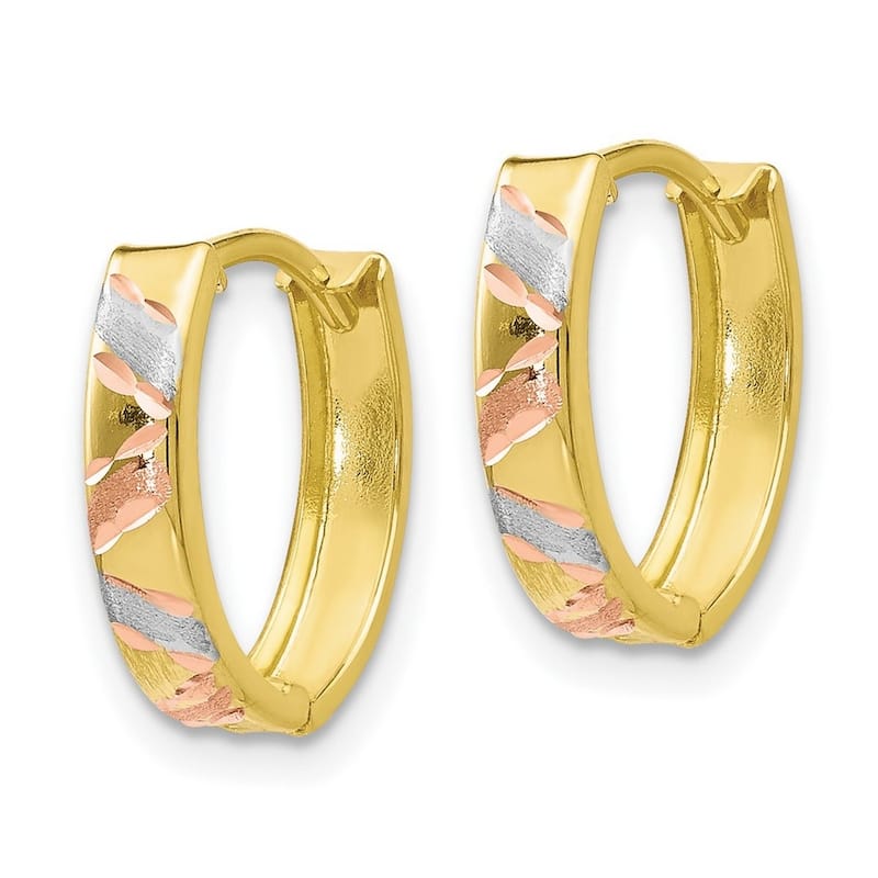 Curata 10k Tri-color Gold Satin Diamond-Cut Striped Huggies Hinged Earrings (3mmx21mm)