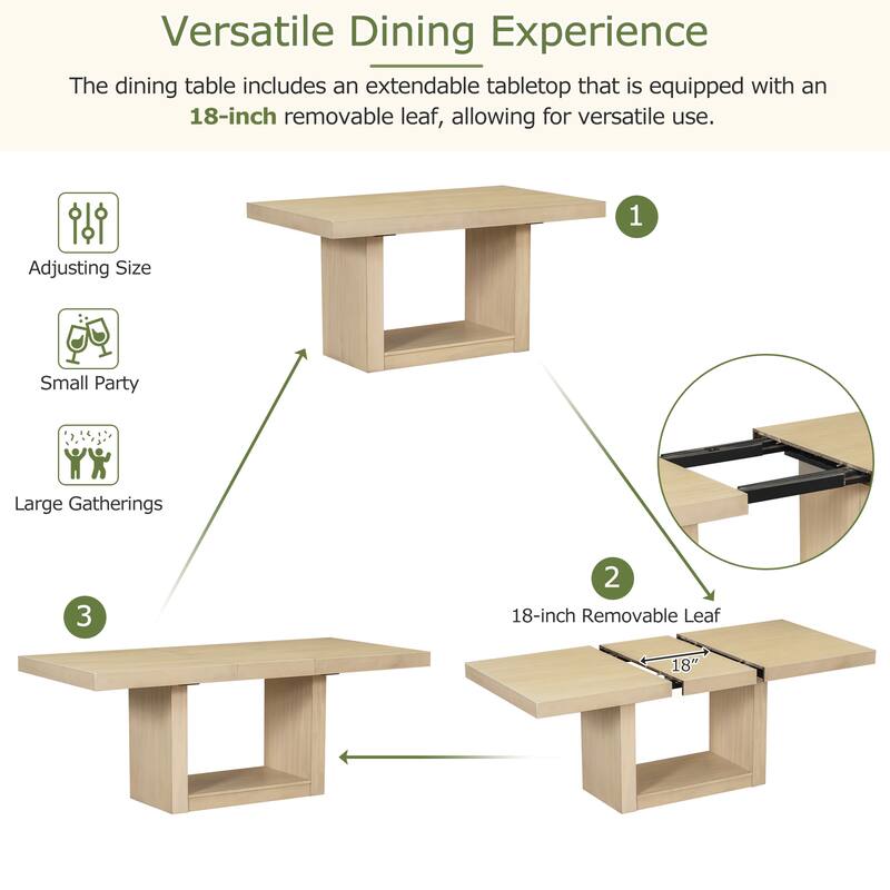 78" Rectangular Pedestal Dining Table Set with Removable 18" Leaf, Dining Bench & 4 Upholstered Chairs for 6 - Modern Design