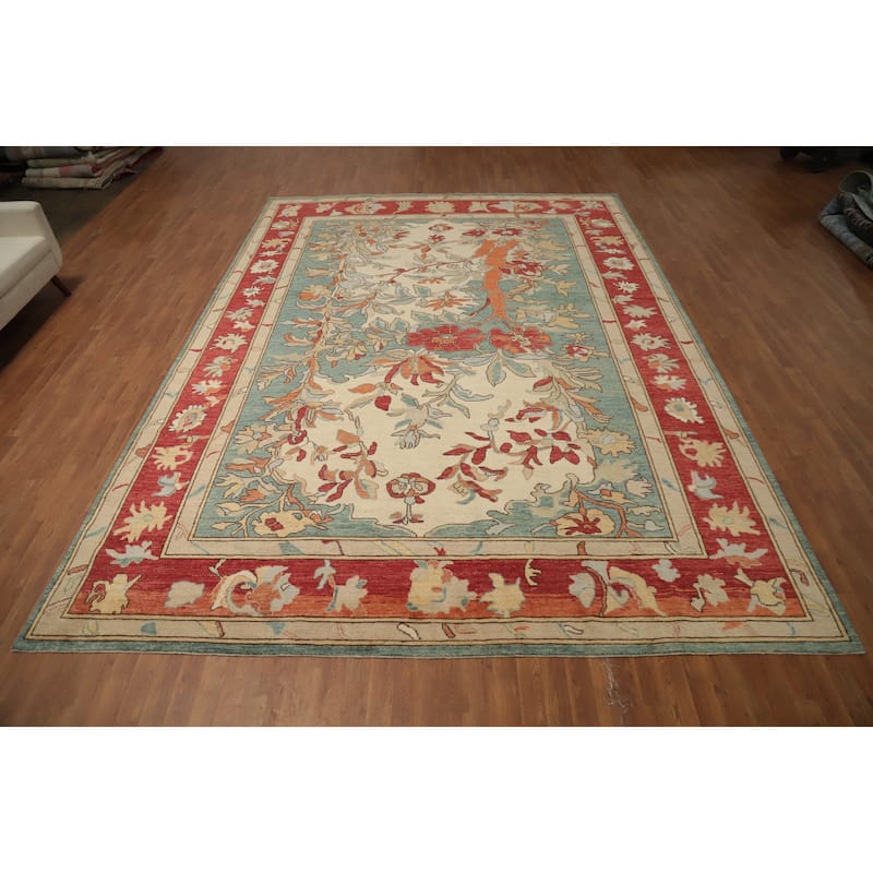 Hand Knotted Oriental 100% Wool Carpet Transitional Floral Green Oushak Area Rug - 14' 0'' X 10' 1''