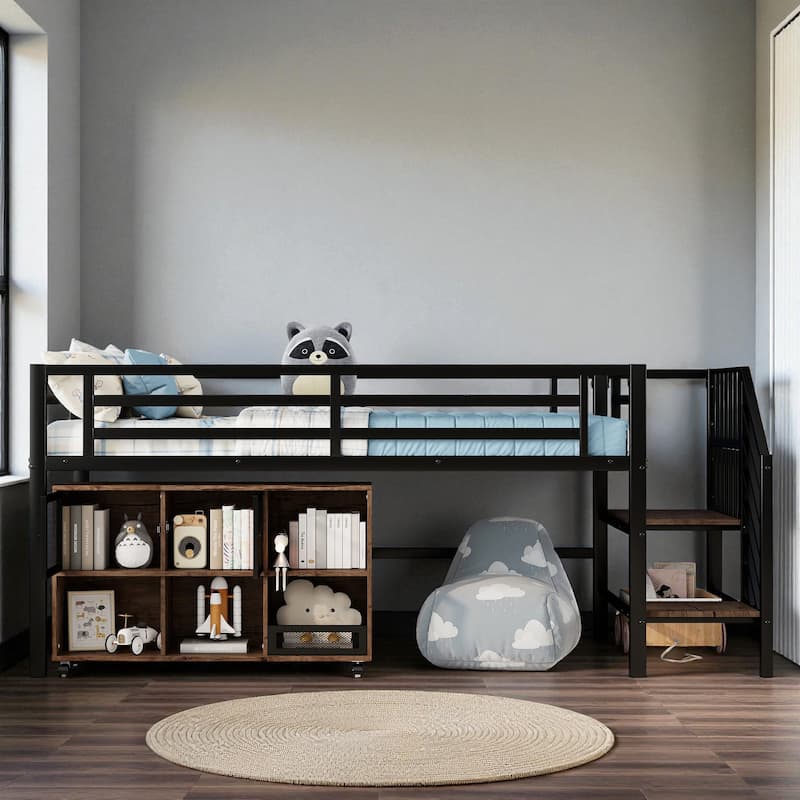 Low Twin Metal Loft Bed with Stairs and 6 Storage Cubbies, Space-Saving Kids Loft Bed Frame - Black - Twin