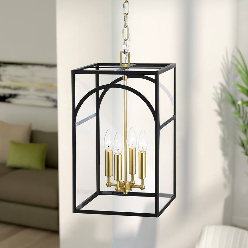 4-Light Mid-Century Modern Rectangular Lantern Candle Clear Glass Chandelier Kitchen Island Lighting