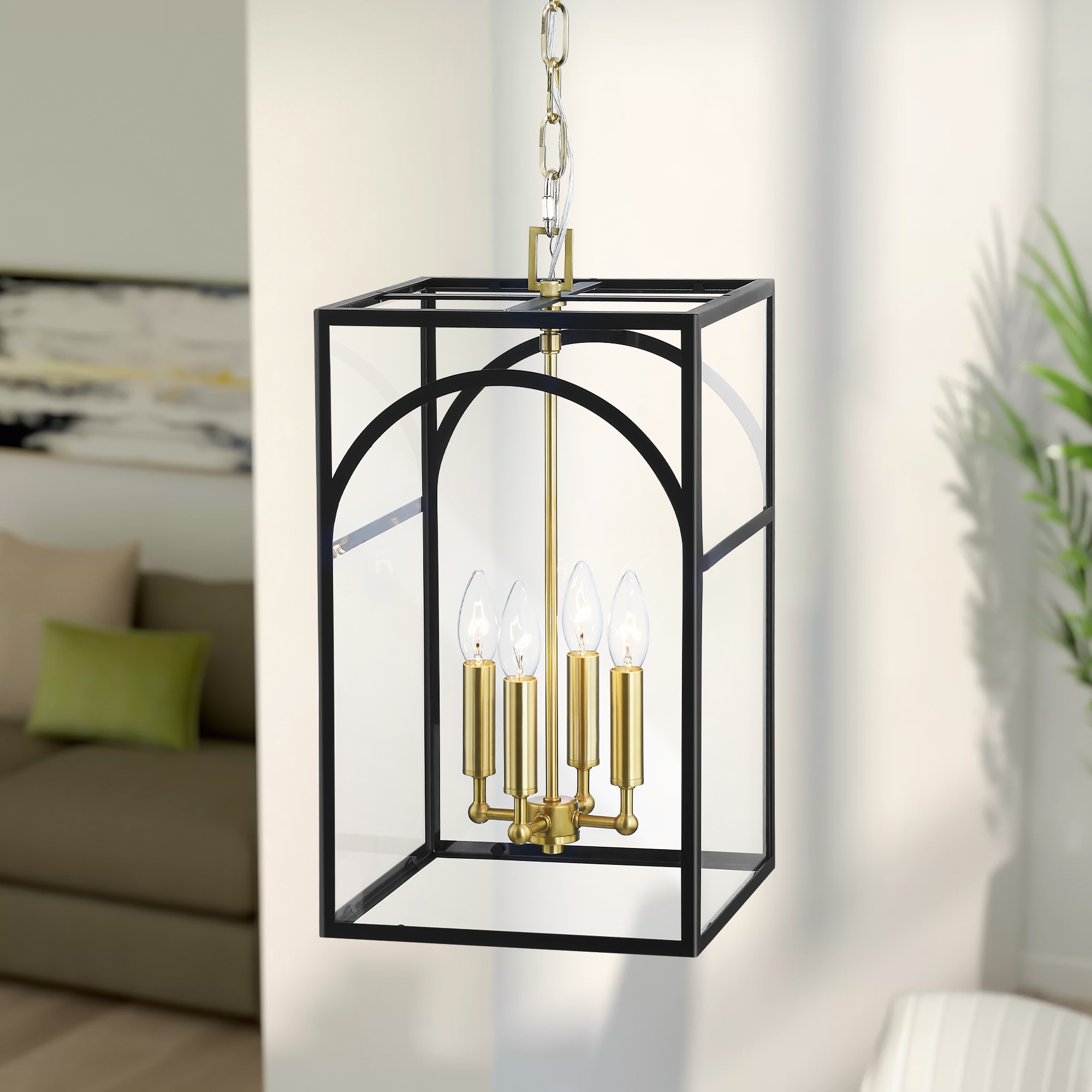 4 Light Mid Century Modern Rectangular Lantern Pendant with Candlestick Clear Glass Shade 48 in. W x 26.3 in. H