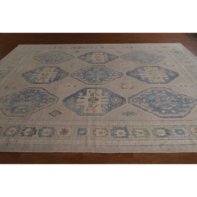 Hand Knotted Oriental 100% Wool Carpet Transitional Geometric Greys & Charcoal Oushak Area Rug - 12' 2'' X 9' 4''