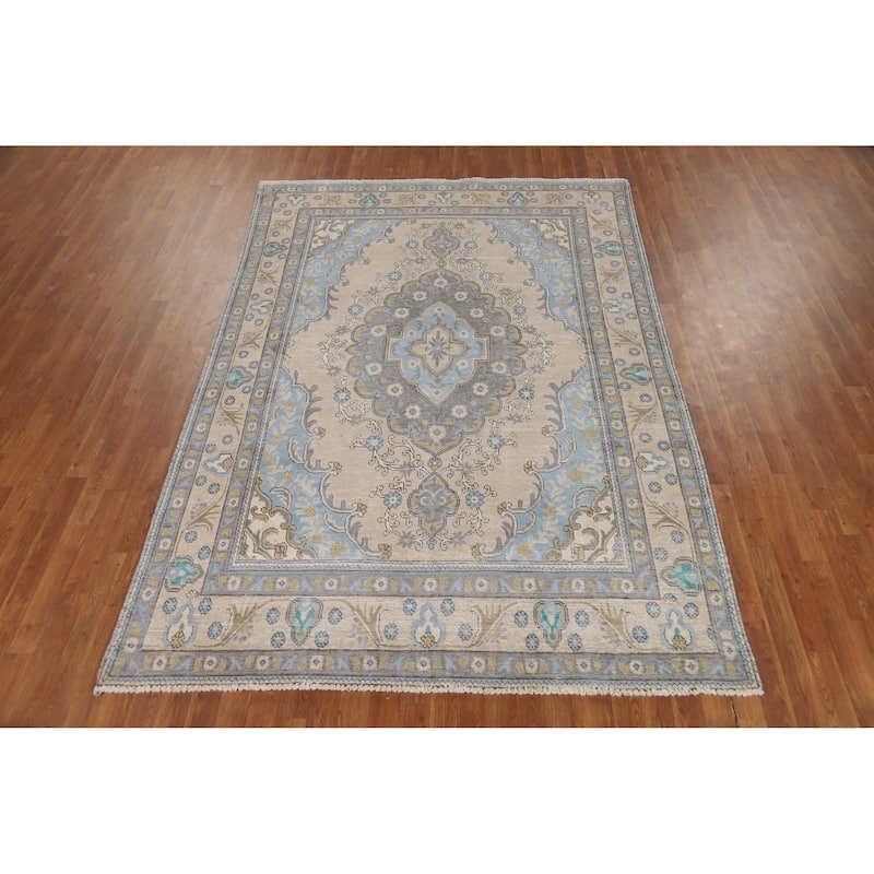 Beige Geometric Tabriz Persian Vintage Rug Hand-Knotted Wool Carpet - 6'3" x 9'1"