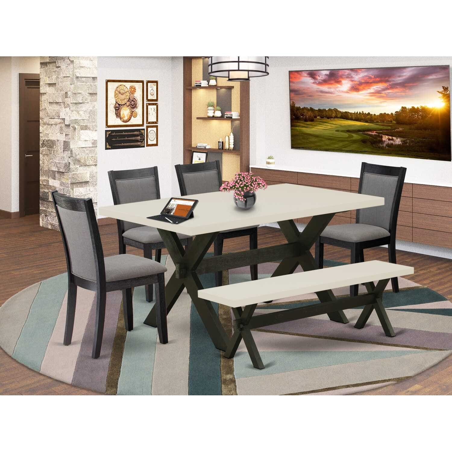 HomeStock 6-Piece Rectangle Natural Oak Finish Solid Wood Top Dining Table with 1-Bench, 4 Upholstered-Chairs