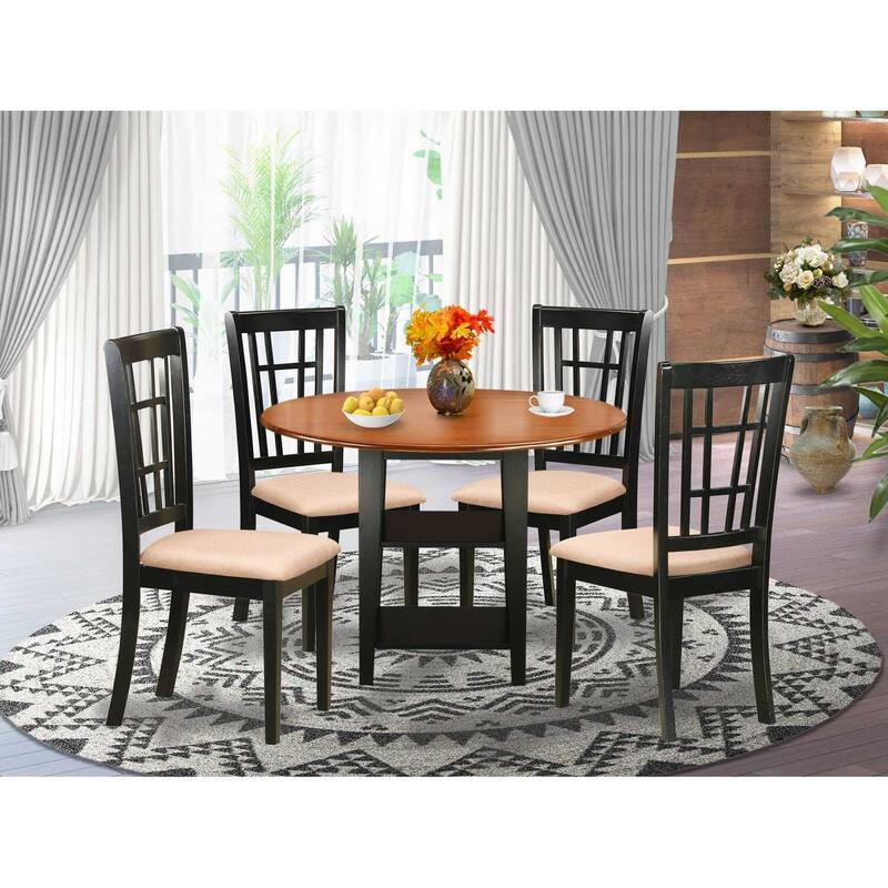HomeStock 5-Pc Black and Cherry Finish Solid Wood Top - Round Dining Room Set - Seats-4