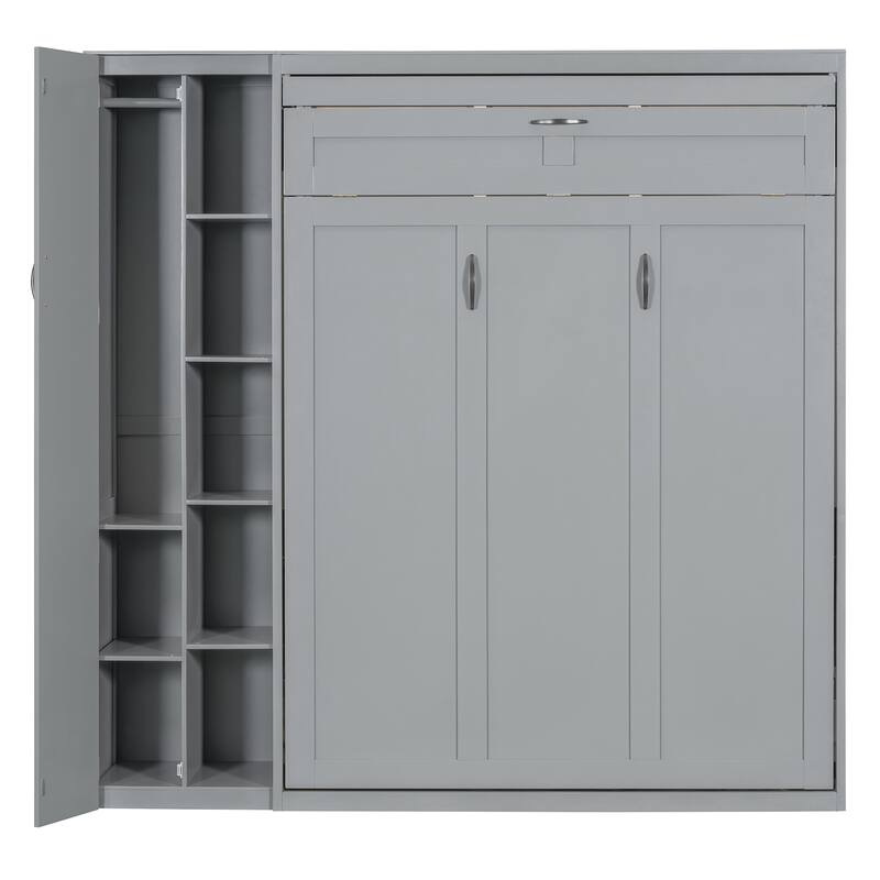 Space-Saving Full Murphy Bed with Shelves, Wardrobe & LED - Perfect for Guest Room & Office