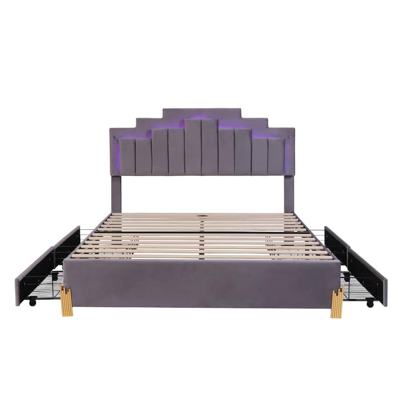 Platform Bed with LED Lights and 4 Drawers
