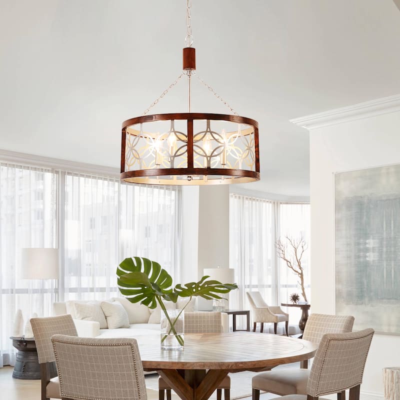 Cusp Barn 4-Light Rustic Wood Chandelier Shabby Hanging Lamp Farmhouse Drum Pendant Light Fixtures for Entryway