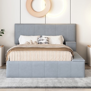 Full Velvet Platform Bed with Lateral Storage and Cushioned Compartments