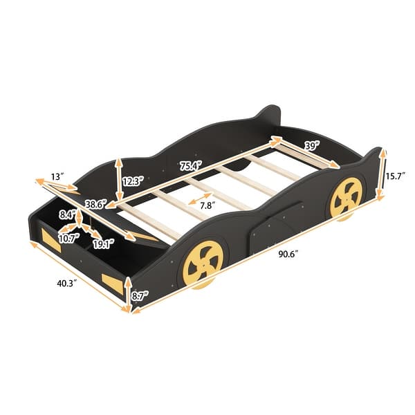 dimension image slide 1 of 2, Twin Size Race Car-Shaped Platform Bed with Wheels and Storage, Black+Yellow