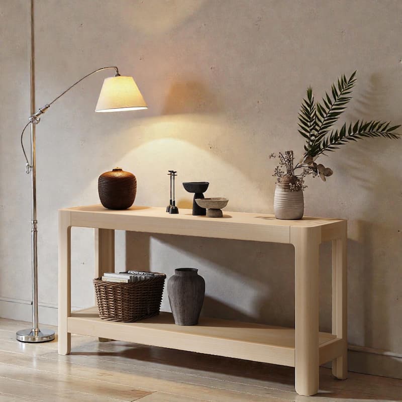 Modern Farmhouse Console Table with Solid Wood Veneer Top and Rounded Corners, Minimalist Entryway Table for Living Room