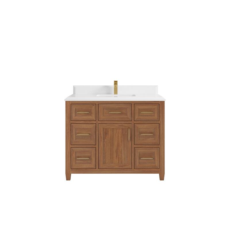 Willow Collections 42 in. W x 22 in. D Santa Monica Teak Single Sink Bathroom Vanity with Countertop - 1.5”Calacatta Laza - Dark Natural Teak