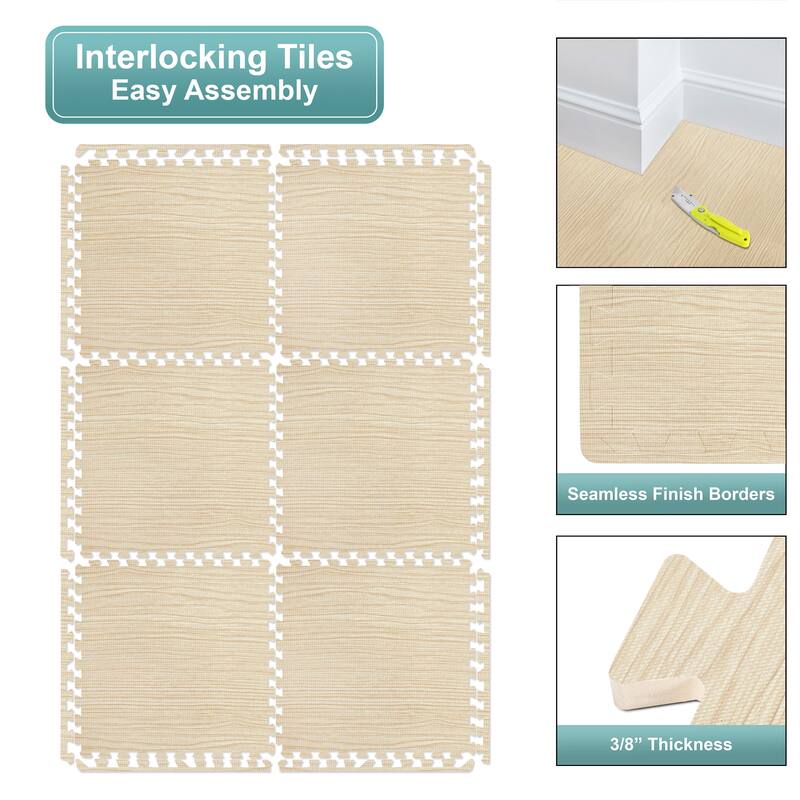 Sorbus 144 Sq. Ft. Wood Grain Floor Tiles Foam Mat EVA Interlocking Mats Tile 3/8-Inch Thick Flooring Wood Puzzle Exercise Mats
