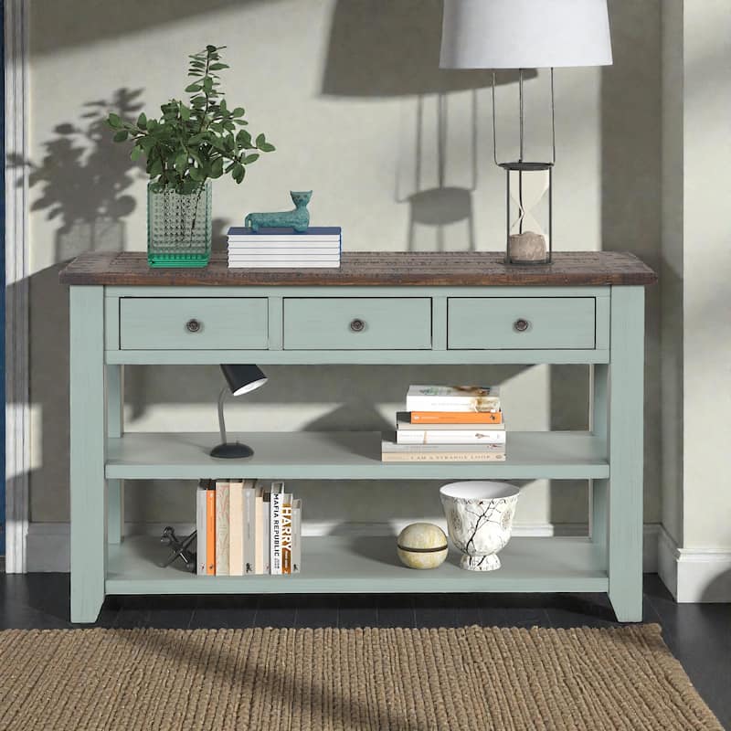 48 Inch Solid Pine Wood Console Table with 3 Drawers & 2 Shelves, Vintage Entryway Sofa Table for Hallway & Living Room - Retro Blue