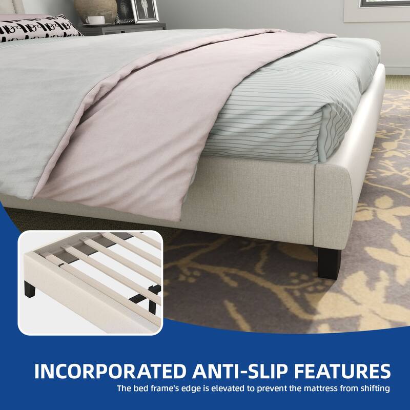 Moasis Linen Upholstered Platform Bed Velvet Bed Frame with Adjustable Headboard