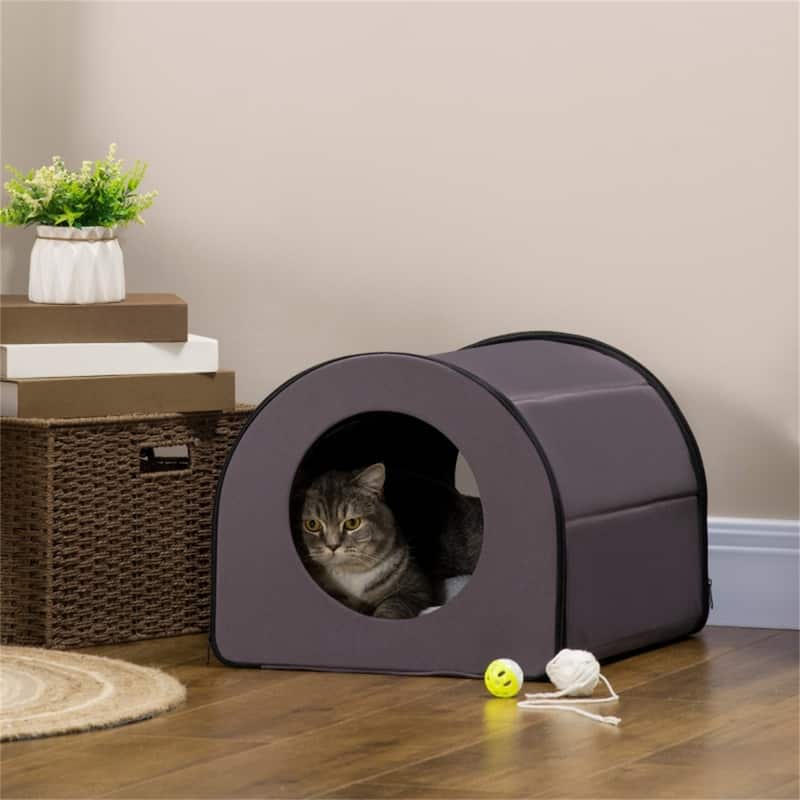 Cozy Heated Indoor Cat House with Dual Exits for Warmth and Safety - 21.25"L x 15.75"W x 13.5"H - Brown