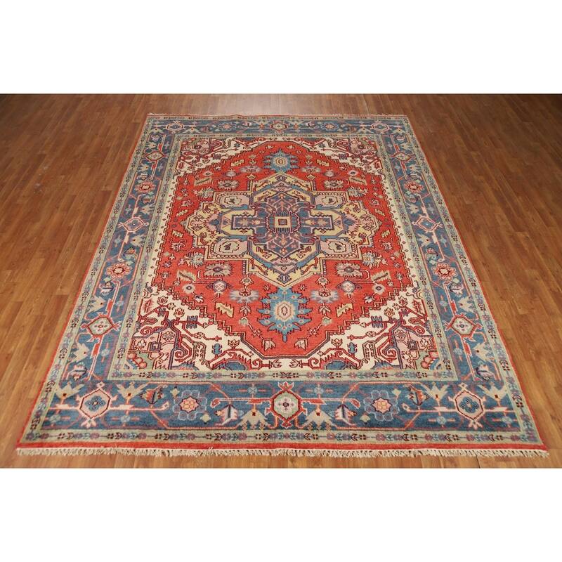 Geometric Heriz Serapi Indian Rug Hand-Knotted Orange Wool Carpet - 7'10"x 9'9"
