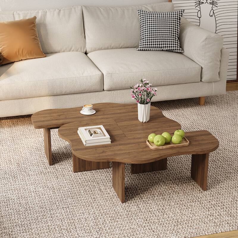 Mid-Century Modern Irregular Cloud 2-Piece Modular Coffee Table - Brown Wood, Living Room Center Table