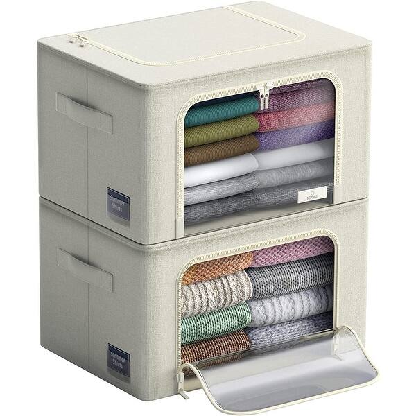 slide 2 of 14, Storage Bins, Foldable Stackable Container Organizer Set with Large Window & Carry Handles Beige