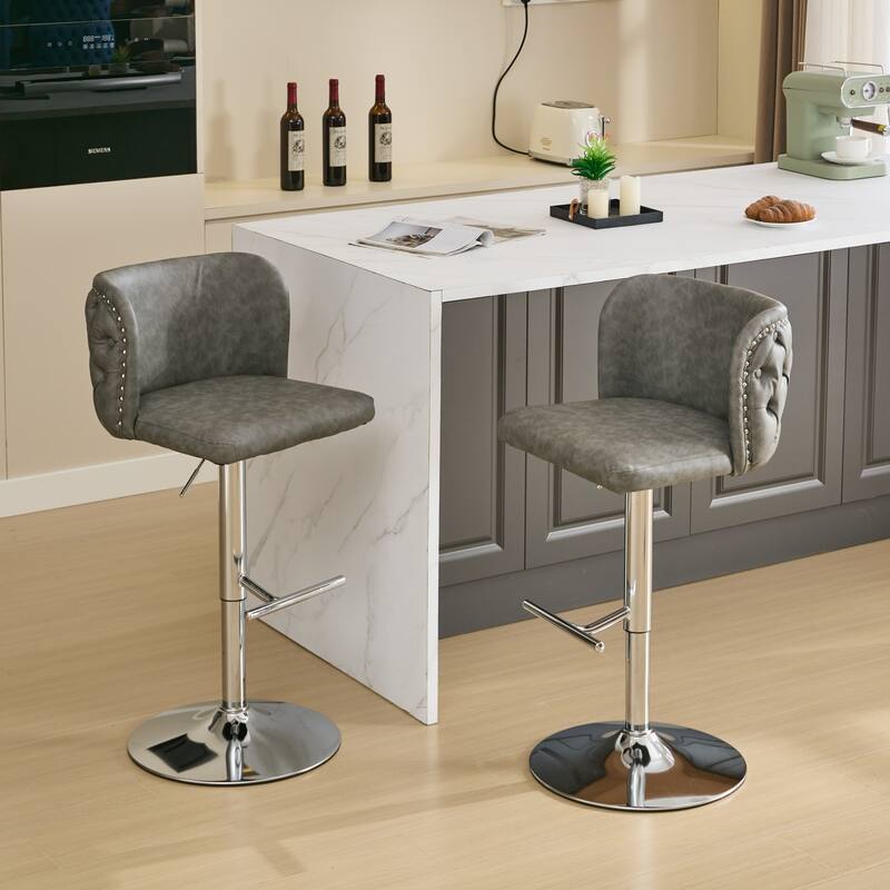 Swivel Barstools Adjusatble Seat Height With Chrome Base, Modern PU Upholstered Bar Stools with the whole Back Tufted