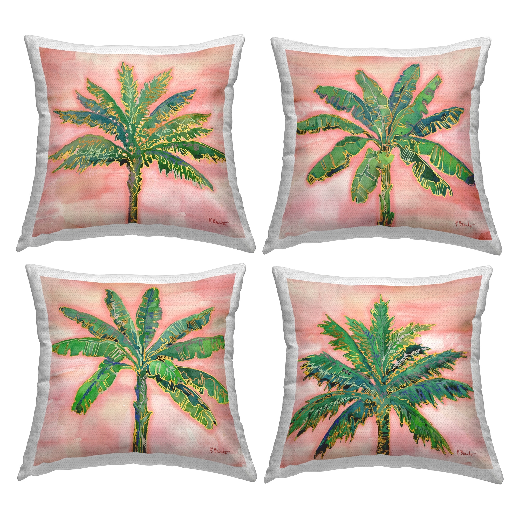 Stupell Pink Summer Palm Tree Leaves Printed Outdoor Throw Pillow Design by Paul Brent (Set of 4)
