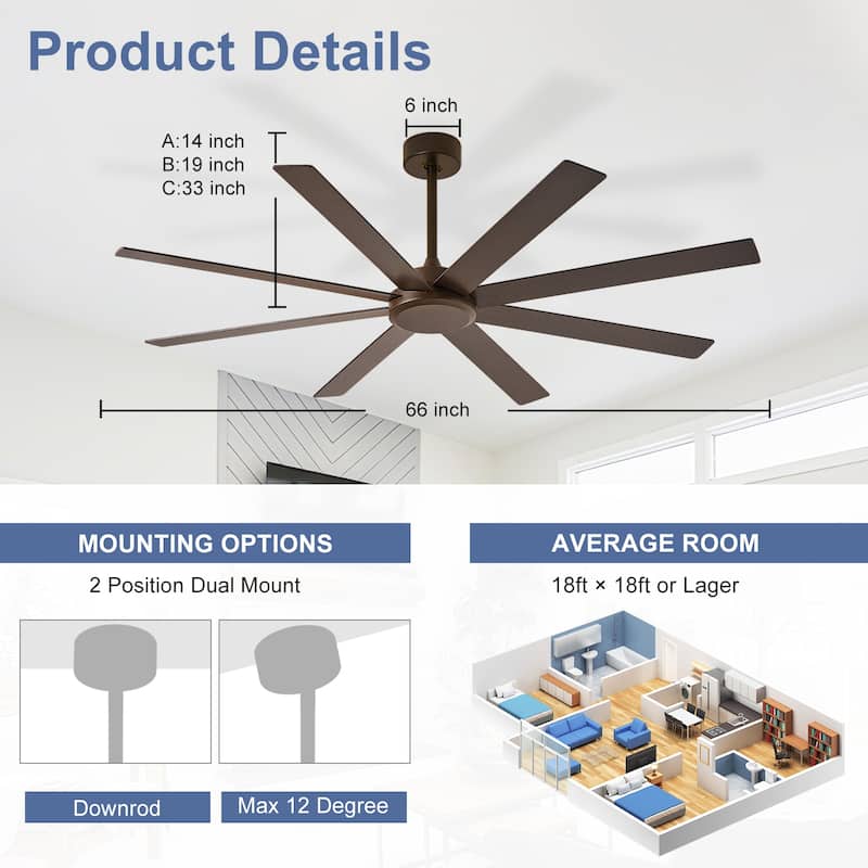 Large Ceiling Fan without Light - 8-Blade, Remote App Control, Dimmable 3CCT LED, Quiet DC Motor​