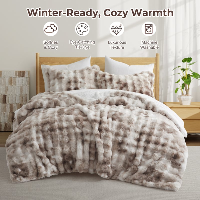 3 Pieces Fluffy Faux Rabbit Fur Comforter Set, Plush Fuzzy Bedding Set for Winter - Queen - Soft Taupe