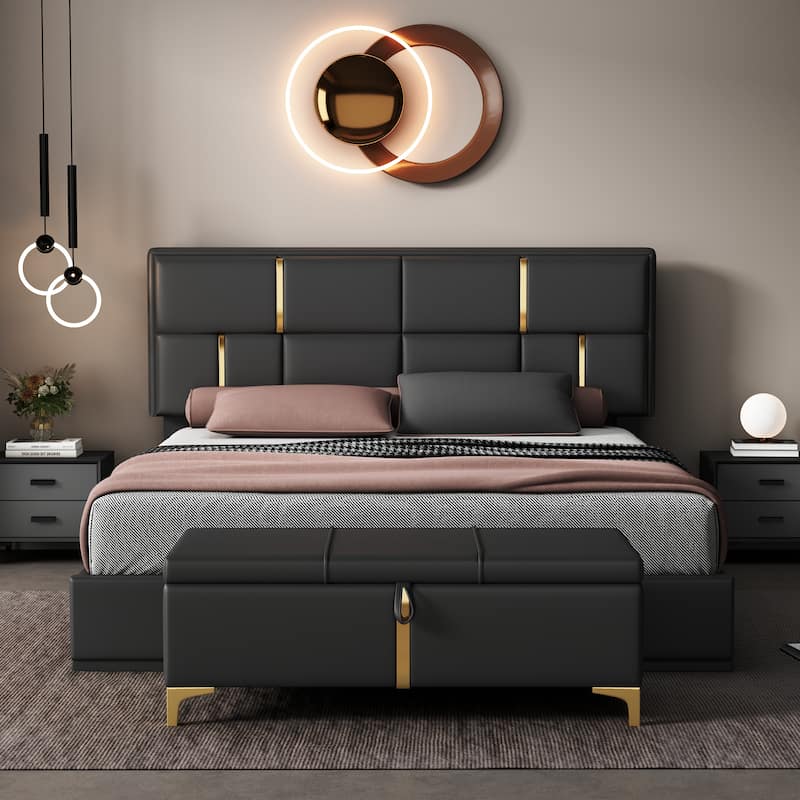 2-Pieces Bedroom Sets Queen Size Bed with Storage Ottoman - PU/Black