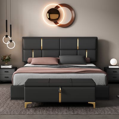 Elegant Queen Size Upholstered Platform Bed with Storage Ottoman and Hydraulic Lift