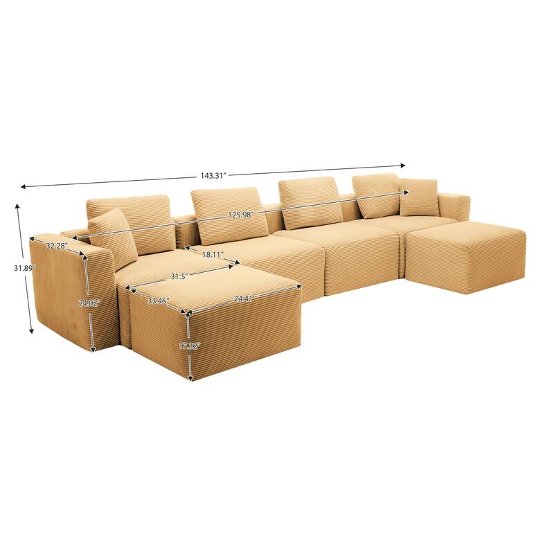 Corduroy Sectional Modular Sofa with Square Arms & Ottoman Extension for Flexible Arrangements