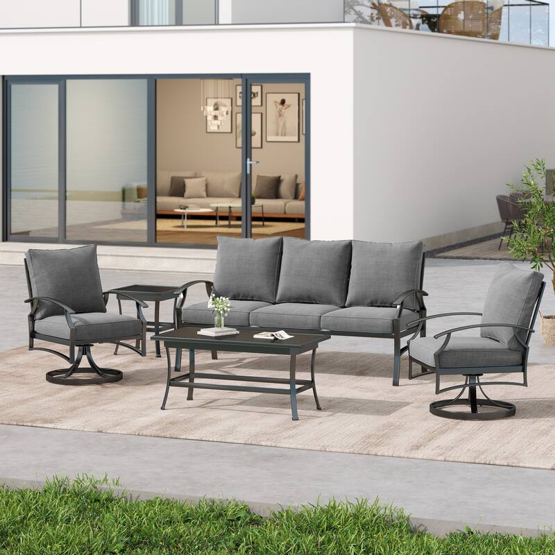 5-Piece Outdoor Patio Metal 74" W Sofa/ Swivel Chair Seating Group
