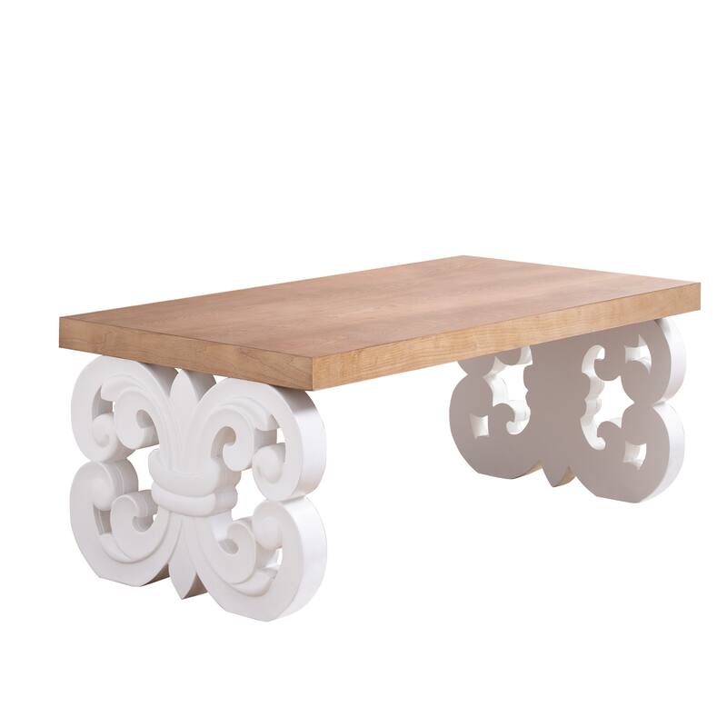 Ornate Rectangular Coffee Table with Carved Base and Natural Wood Top