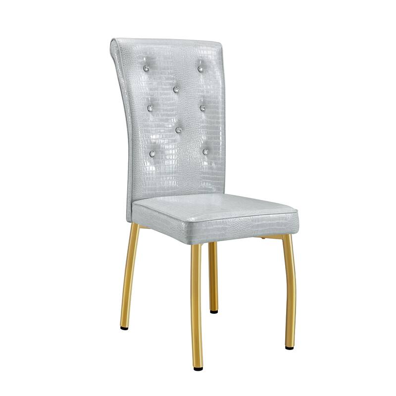 A set of 2 vintage crocodile leather cushioned dining chairs, featuring crystal clasp design and artificial leather design