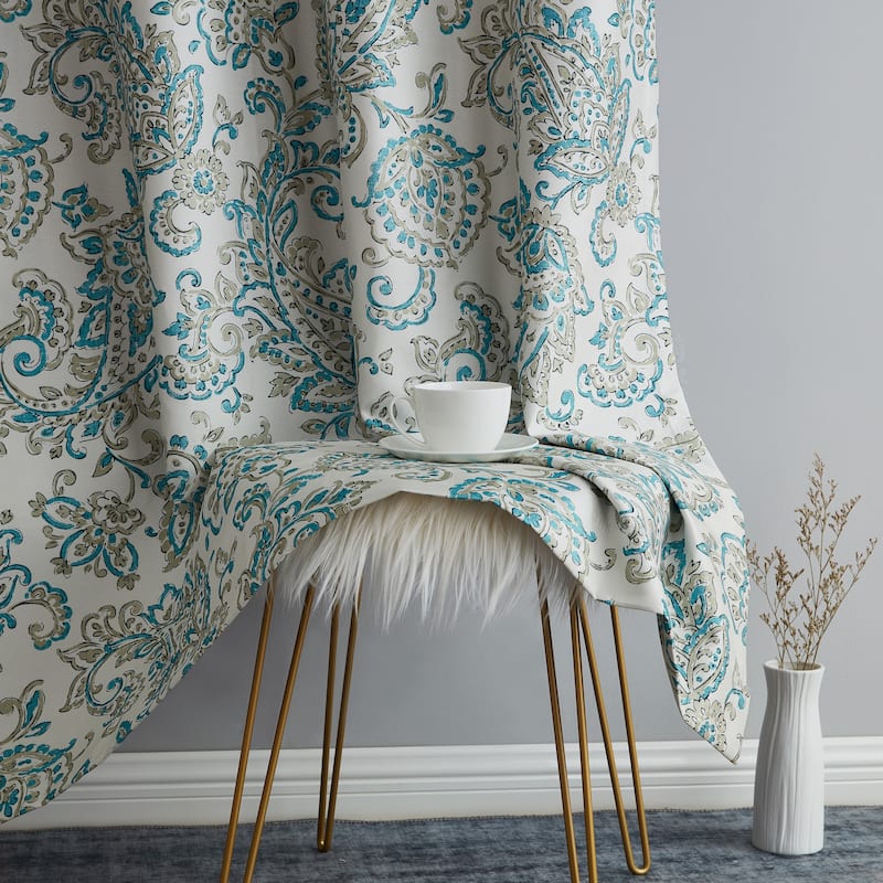 HLC.me Amalfi Paisley Faux Silk 100% Blackout Room Darkening Thermal Energy Efficient Curtain Grommet Panels, 2 Panels