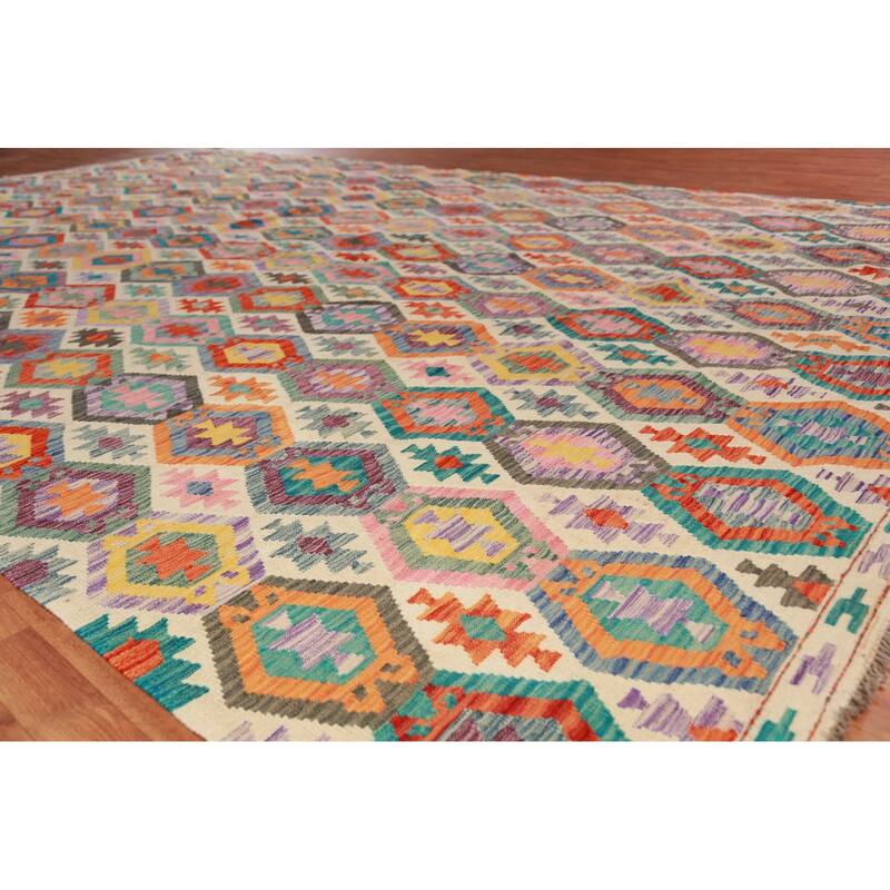 Geometric Kilim Oriental Large Rug Flatweave Bedroom Wool Carpet - 10'3"x 15'11"