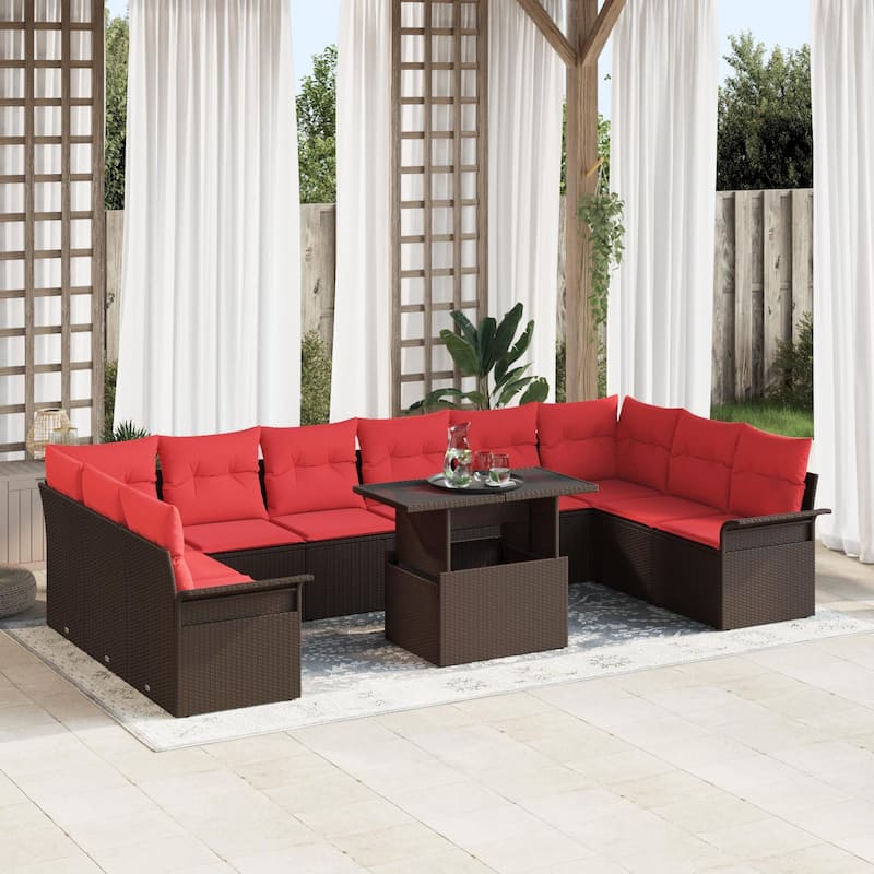 vidaXL 11 Garden Sofa Set with Cushions Black/Brown/Grey Poly Rattan - 135.4 x 73.8 x 27.2 - Brown