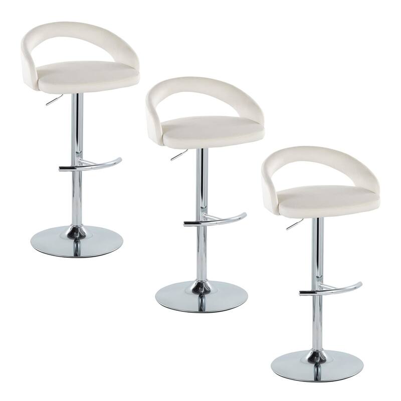 Grotto Upholstered Adjustable Barstool with Chrome Metal - Set Of 3 - White Velvet