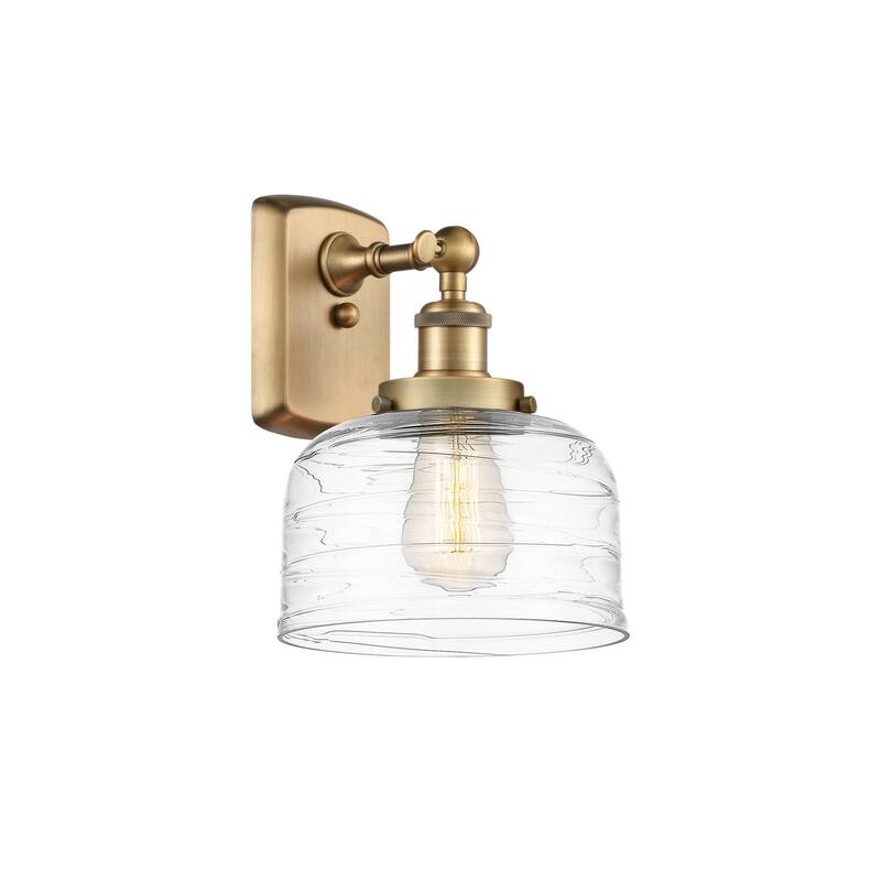 Innovations Lighting 916-1W-13-8 Bell Sconce Bell 13" Tall Wall Sconce - Brushed Brass / Clear Deco Swirl
