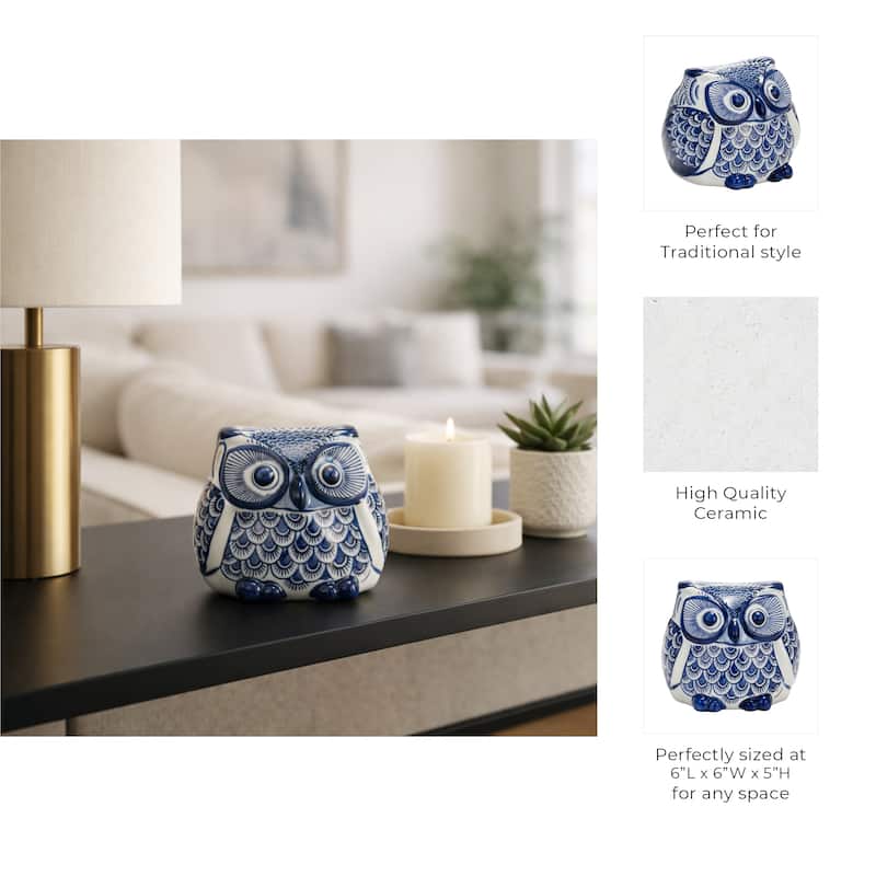 Ceramic Chinoiserie Handpainted Owl Figurine - Blue