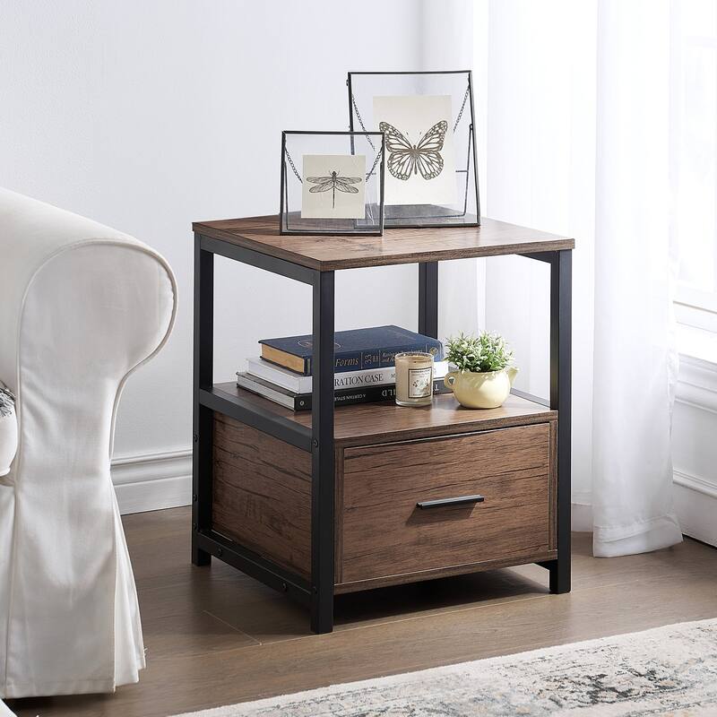 VECELO Modern 1- Drawer Nightstand with Storage Shelf Multifunctional Storage Nightstand for Living Room and Bedroom