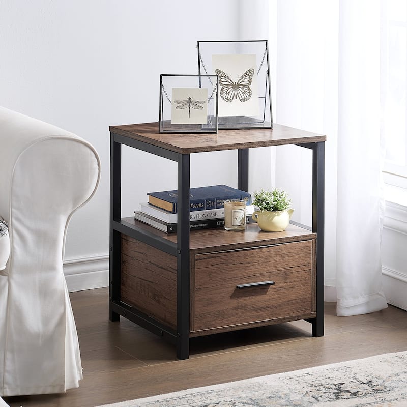 VECELO Nightstand Set of 2, Modern Square End Side Table, Night Stands with Drawer and Storage Shelf for Bedroom